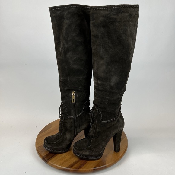 Womens Prada Brown Suede Lace Up Block Heel Platform Tall Boots Size EU 38.5 - Picture 2 of 14